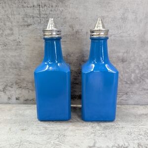 Vintage Gemco Pantry Pops Blue Glass Fired On Oil and Vinegar Cruet Bottles Stai